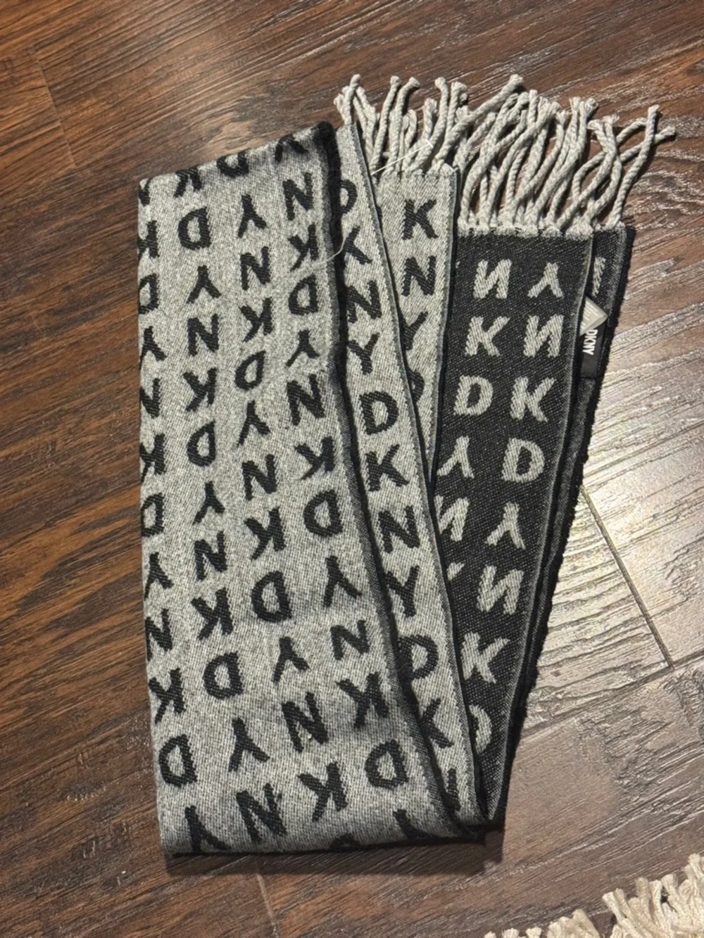 DKNY Reversible Black & Gray Logo Scarf with Fringe